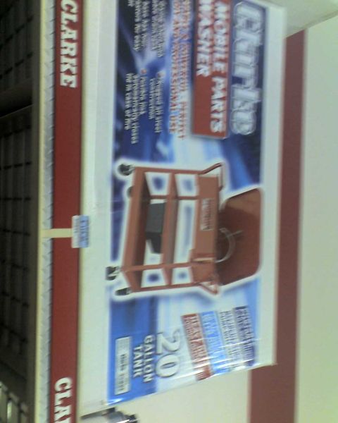 1965 Ford Mustang - Box for a Clarke 20 gallon mobile parts washer, with product information and diagram.