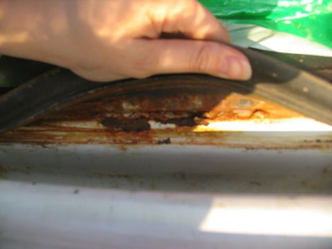 1995 Ford C-350 (Centurion Conversions) - A hand lifts a rubber seal revealing severe rust damage on the underlying metal structure.