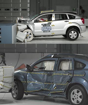 1971 Ford Ranchero - Two Dodge Calibers are shown after crash tests, one silver and one blue, with significant damage.