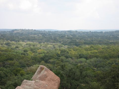 2001 Jeep Wrangler - Expansive view of a heavily wooded landscape with rocky outcrops under a hazy sky.