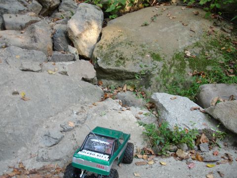 1996 Ford Bronco - A green toy truck with "FORD" visible on its grille sits on a rocky path surrounded by foliage.
