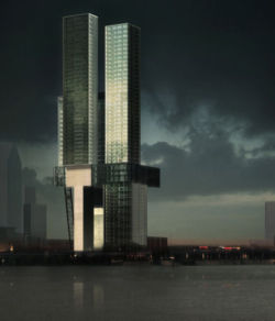 1991 Ford Probe - Skyscrapers rise near the water under a dramatic, cloudy sky. Supermotors branding is present.