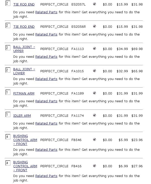 Parts order list showing tie rod ends, ball joints, pitman/idler arms, and bushings with prices