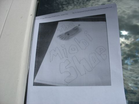 1978 Ford Bronco - A printed drawing of a shoe and the words 'The Miobi Shoe' is shown.