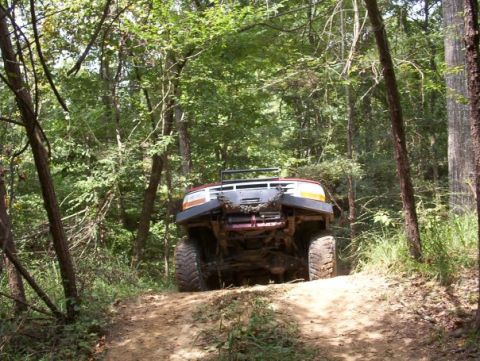 1995 Ford Bronco - A red 1995 Ford Bronco navigates a wooded trail, its front end prominent on the dusty path.