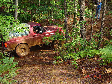 1995 Ford Bronco - A red SUV navigates a wooded trail with a person observing in the background.