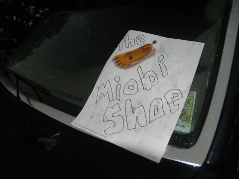 1978 Ford Bronco - A sign advertising 'the Miobi Shoe' is placed on a wet car windshield.