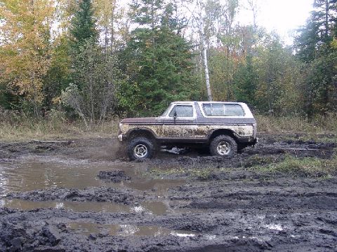 1978 Ford Bronco - A 1978 Ford Bronco navigates a muddy off-road course surrounded by trees.