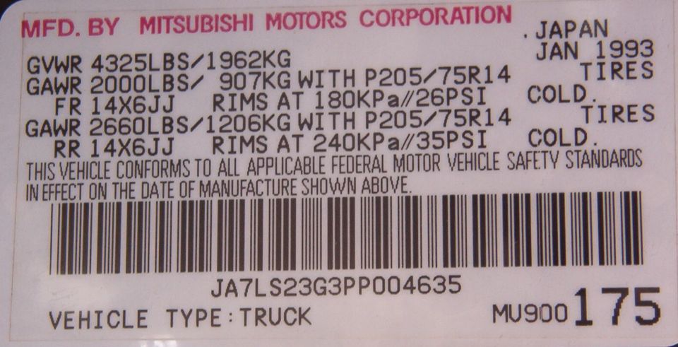 Vehicle door certification label, Mitsubishi Motors, dated Jan 1993