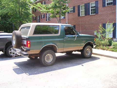 1989 Ford Bronco - This 1989 Ford Bronco features a two-tone green and tan paint scheme and a spare tire mounted on the rear tailgate.