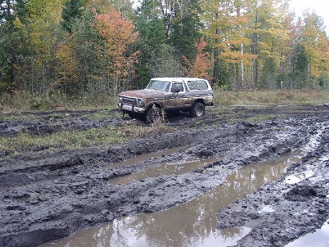 Brown 1978 Ford Bronco stuck in deep mud with trees in background