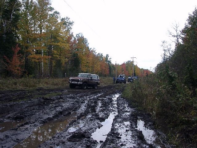 brown SUV and two other vehicles on muddy track with trees in background