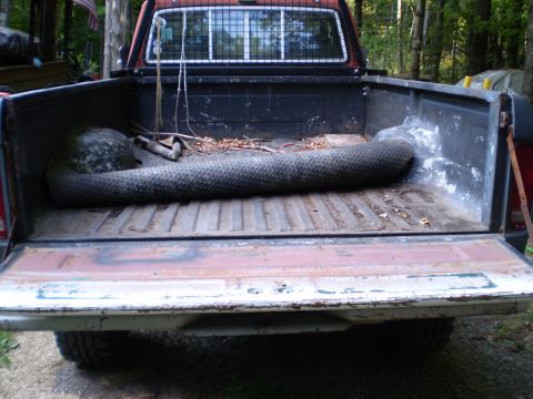 1979 Ford Bronco - Rear view of a red pickup truck bed containing a large, cylindrical object. The tailgate is open.