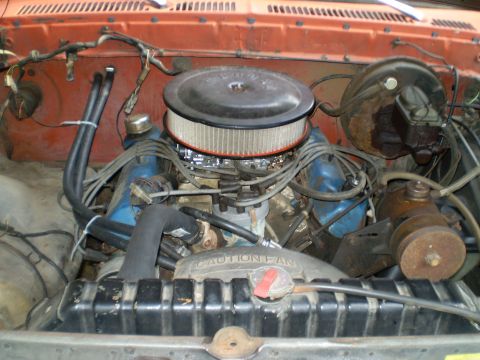 1979 Ford Bronco - Engine bay of an older vehicle, showing the V8 engine and radiator.
