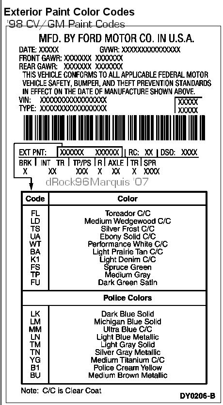 1996 Mercury Grand Marquis - 1998 CV/GM Exterior Color codes