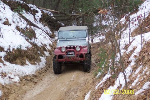 1978 Ford Bronco - A Jeep CJ-5 navigates a muddy, snow-dusted trail through a forest.