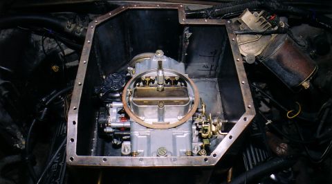 1981 Ford LTD - Fabbing the box. I haven't drilled the holes for the throttle cable, the transmission cable, the vacuum lines, or even the boost tubes.
