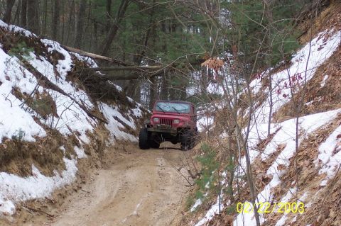1978 Ford Bronco - A red Jeep Wrangler navigates a snowy, wooded trail with a fallen tree overhead.