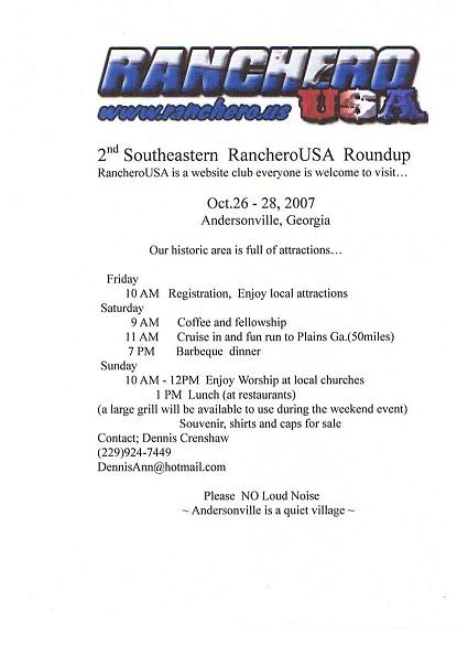 1990 Ford F-250 - Flyer details the 2nd Southeastern RancheroUSA Roundup event held Oct. 26-28, 2007, in Andersonville, Georgia, including activities and con…