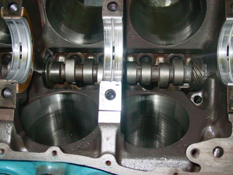 1979 Ford Bronco - Close-up view of an engine block, showing the camshaft and crankshaft bearing surfaces.