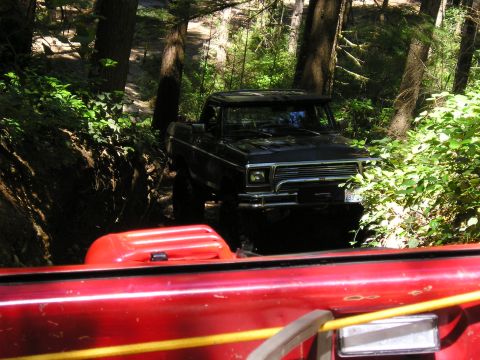 1989 Ford Bronco - A black 1979 Ford F-150 navigates a narrow, wooded path, with the front of a red vehicle visible in the foreground.