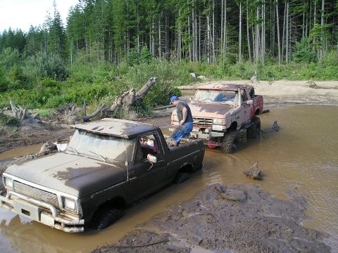 1989 Ford Bronco - Two pickup trucks are stuck in a muddy area with trees in the background.