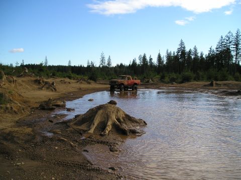 1989 Ford Bronco - A 1989 Ford Bronco navigates a water-filled clearing amidst tree stumps and muddy terrain.