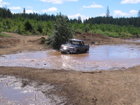 1989 Ford Bronco - A dark pickup truck navigates a muddy water obstacle on a sunny day, surrounded by trees and dirt mounds.