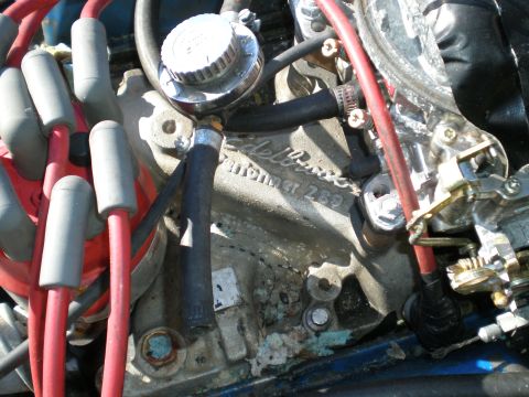 1966 Ford Mustang - A close-up view of an engine's intake manifold, showing spark plug wires and associated engine components.
