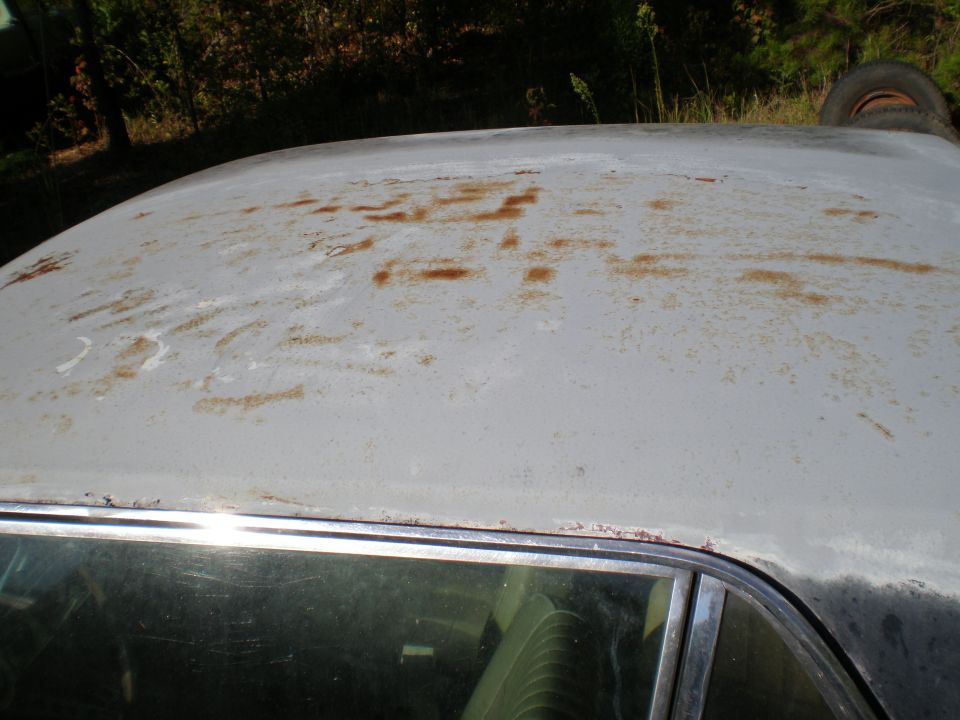 1966 Ford Mustang roof with rust spots and primer paint, showing part of the interior and window trim