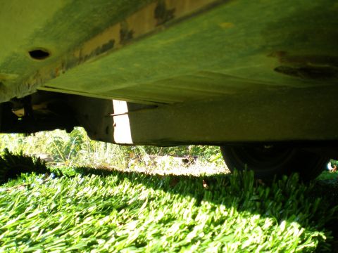 1966 Ford Mustang - The underside of a vehicle is visible, with green grass in the foreground and trees in the background.