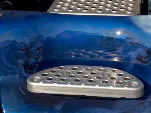 1978 Ford Bronco - Airbrushed artwork of a wolf and cougar on a blue truck hood with metal step plates.