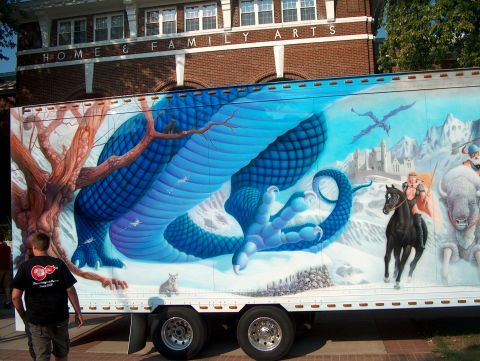 1978 Ford Bronco - A box truck features a large mural depicting a fantasy scene with a dragon and knight.