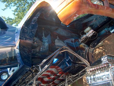 1978 Ford Bronco - The interior of a vehicle is adorned with custom artwork depicting American landmarks and symbols.