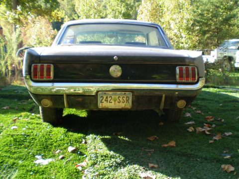 1966 Ford Mustang - Rear view of a 1966 Ford Mustang, showing its taillights and license plate. A second vehicle is parked in the background.