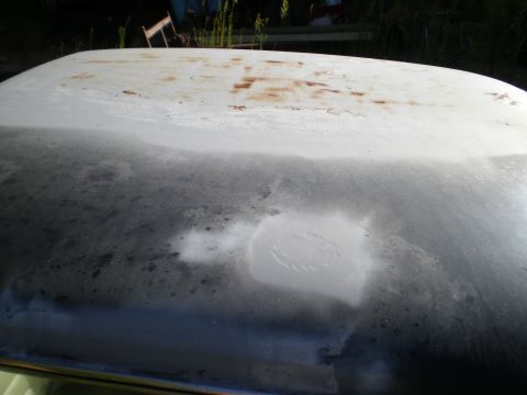 1966 Ford Mustang - The roof of a car shows signs of rust and primer, with an embossed circular pattern visible in a patch.