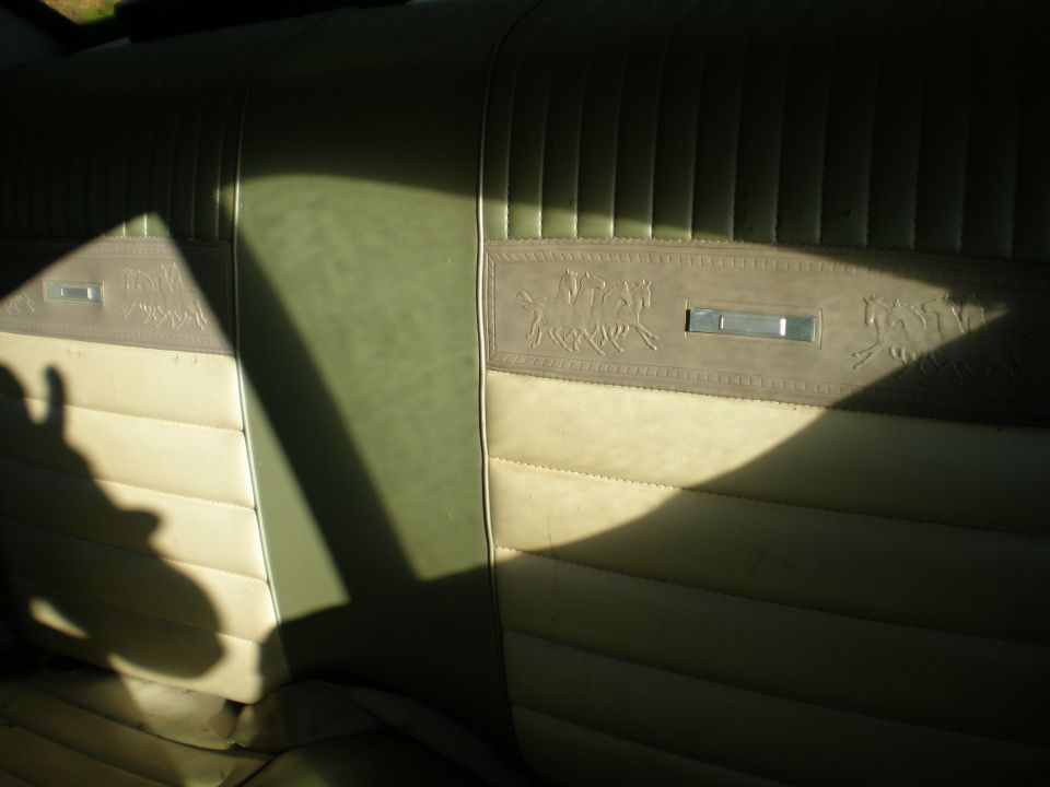1966 Ford Mustang interior rear seat with embossed running horses and chrome trim