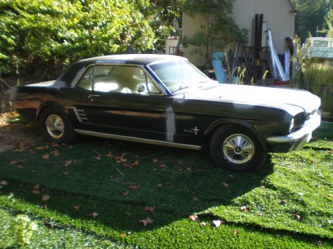 1966 Ford Mustang - A black 1966 Ford Mustang coupe is seen from a three-quarter front angle, parked on a grassy area with trees in the background.