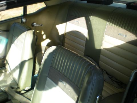 1966 Ford Mustang - The interior of a 1966 Ford Mustang shows its two-tone green and beige rear seat upholstery with distinctive horizontal pleating.