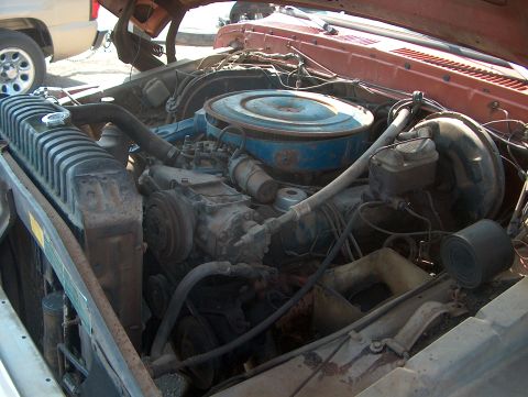 1979 Ford F-250 - The engine bay of a 1979 Ford F-250 shows its V8 engine, radiator, and air cleaner assembly.