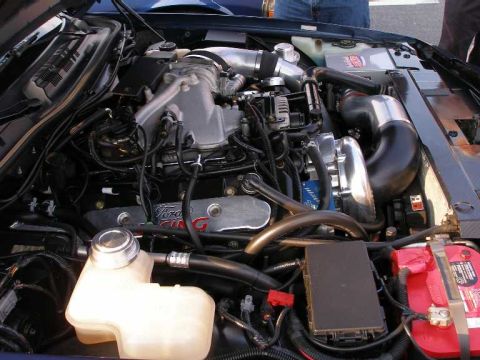 2001 Ford Crown Victoria - Close-up of a modified Ford engine, likely a V8, a prominent supercharger and custom intake piping.