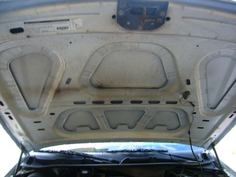 2001 Ford Crown Victoria - The underside of the hood reveals insulation and a sticker with vehicle information, consistent with a 2001 Ford Crown Victoria.