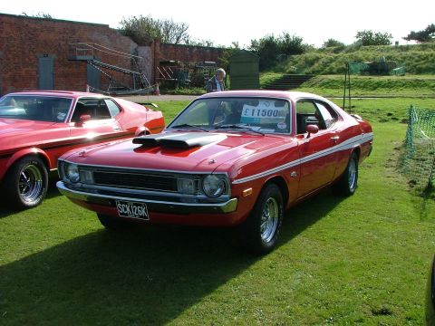 1988 Ford Sport - A red coupe with a white stripe and hood scoops is parked on a grassy field next to another red car.