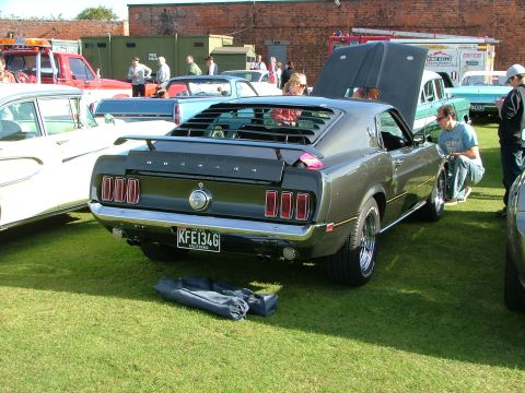 1988 Ford Sport - A classic Ford Mustang is parked on grass at an outdoor car show with other vehicles around.