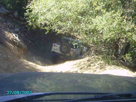 1990 Ford Bronco - A white SUV navigates a steep, narrow dirt road surrounded by dense foliage.