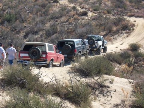 1995 Ford Bronco - A convoy of Ford Broncos navigates a dusty off-road trail under a bright sky.