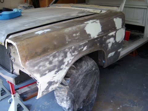 1967 Ford Ranchero - This vehicle is undergoing bodywork, with primer and filler visible on the front end.