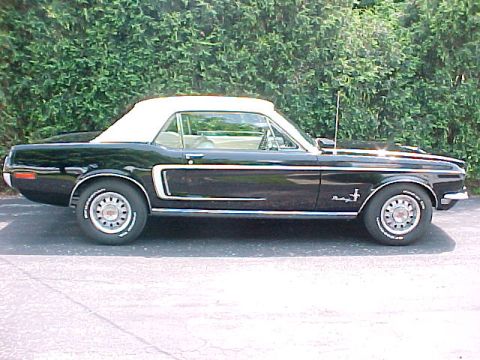 1969 Ford Torino - Side view of a black 1969 Ford Mustang convertible with a white top, parked in front of a hedge.