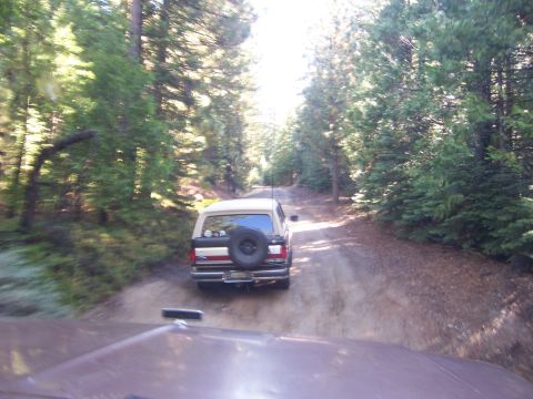 1991 Ford Bronco - A 1991 Ford Bronco drives down a dusty forest road, seen from another vehicle's perspective.