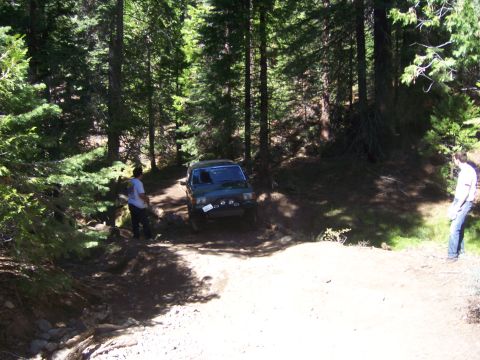 1991 Ford Bronco - A green 1990 Ford Bronco navigates a wooded trail, with two individuals observing the off-road excursion.